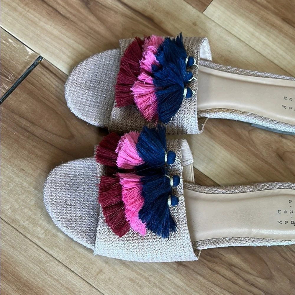 A New Day Tan and Pink Slide Sandals with Pom-Pom Fringe - Picture 2 of 4